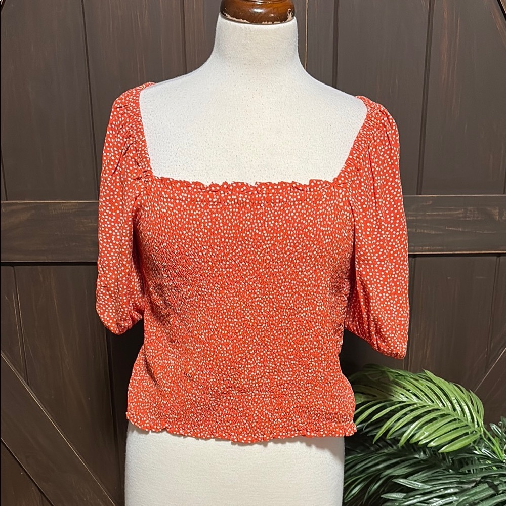 LOFT Orange and White Puff Sleeve Smocked Blouse